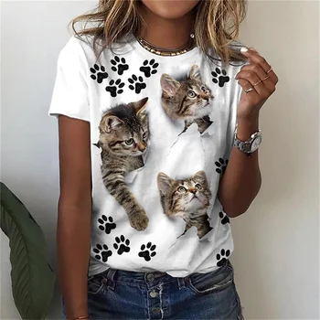 2023 New Simple de Vara pentru Femei 3D T-shirt în aer liber Print Amuzant Pisica Drăguț Top Fata de Gât Rotund Maneca Scurta Amprentei de Model Pisica
