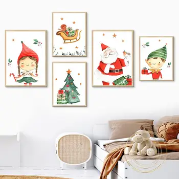 Desene Animate Moș Crăciun Pom De Craciun Poster Nordic Băiat Drăguț Fată Pepinieră Arta De Perete Panza Pictura Decor Acasă Living, Camera Pentru Copii
