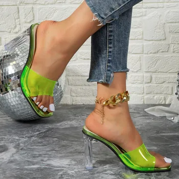 Doamnelor Moda Vara Jeleu de Sandale Transparente din PVC, Cap Pătrat Deget de la picior Deschis Clar Sandale cu Toc Femei de Seara Petrecere Sandale
