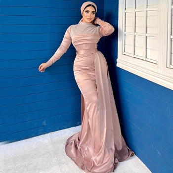 Elegant Sirena Rochii de Seara pentru Femei Hijab High Neck Maneca Lunga Overskirt Matura-Tren Perle, ștrasuri din Mărgele de Nunta, Rochii de Petrecere