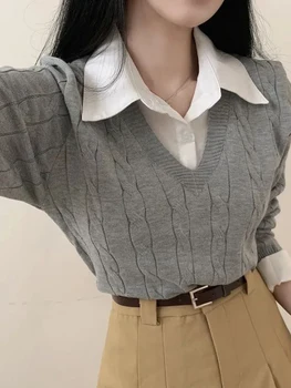 Femei Tricotate Pulover Moda Coreeană Fals Două Piese Pulover Feminin Stil Preppy Maneca Lunga Top Doamnelor Elegant T-Shirt