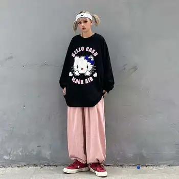 Hello Kitty Broda T-Shirt Harajuku Tricou Negru Femei Coreeană De Moda Streetwear Pulover Estetic Moda Supradimensionat