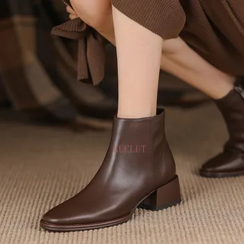 Nou Cizme Toc Gros Cizme Scurte de Moda de Iarnă și de Toamnă Pantofi Femei Office Lady Încălțăminte a Subliniat Deget de la picior Moale cu talpi de Bocanci
