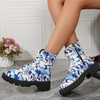 Pantofi pentru Femei 2023 Noi de Iarnă Cizme pentru Femei Tendință de Camuflaj, Cizme de Mare Top Dantela-Up Fermoar Cizme Motocicleta Zapatos De Mujer
