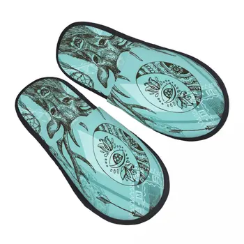 Pluș Moale De Bumbac Boho Cerb Și Dreamcatcher American Element Papuci Pantofi Anti-Alunecare Podea Acoperită Cu Blană Papuci Pentru Dormitor