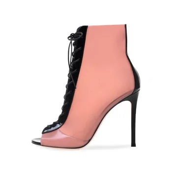 Roz Glezna Cizme pentru Femei Dantelă Sus Sandale de Vara din Piele de Brevet a Subliniat Toe 10cm Petrecere Pompa