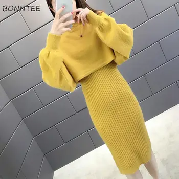 Solid Seturi de Rochie Femei de Moda Simplu O-gât Birou Doamnă Moale All-meci Streetwear Confortabil la Jumătatea Stil coreean de Agrement Chic