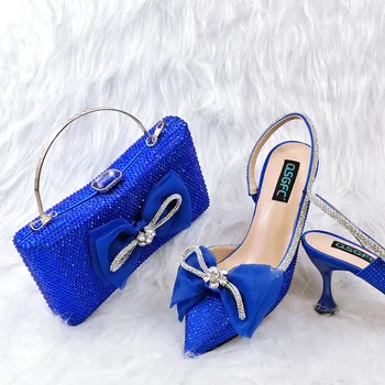 Ultimele Femei Africane Pantofi și Geantă Set din Argint R. de Culoare Albastru 3 D PU Nou Design Italian Doamnelor Pompe pentru Petrecere in Gradina