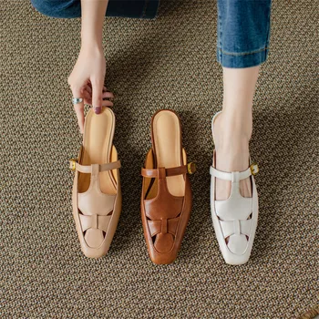 Vara Femei Pantofi de Piele Split Catâri Pantofi pentru Femei Deget de la picior Pătrat Papuci Femei Toc Scăzut de Acoperire in Picioare Papuci Pantofi Zapatos Mujer