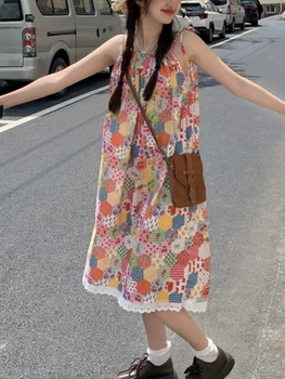 Vara Japoneze Kawaii Curea Femei Rochie De Petrecere Pe Plajă Fără Mâneci Dulce Rochie Lunga De Sex Feminin Drăguț Imprimare Coreeană Stil Patchwork Rochie