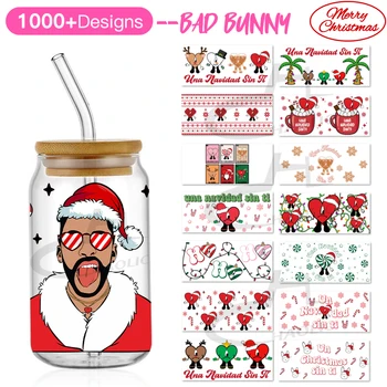 Xmas Una navidad sin ti Bad Bunny Inima de Iarnă Crăciun Design 16oz UV DTF Cupa Folie pentru Pahar Ristea Sticlă Rece de Transfer