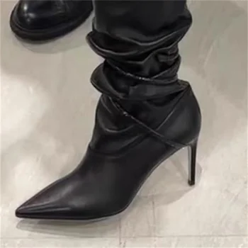 În formă de șarpe Pantofi pentru Femei Degetele de la picioare Subliniat Chassure Femme Plisata Femei Cizme din Piele Tocuri inalte Linii de Cusut Zapatos De Mujer